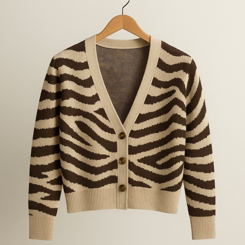 J. Crew | Cardigan Ribbed V-Neck Zebra Wool Alpaca Blend Brown Cream Small